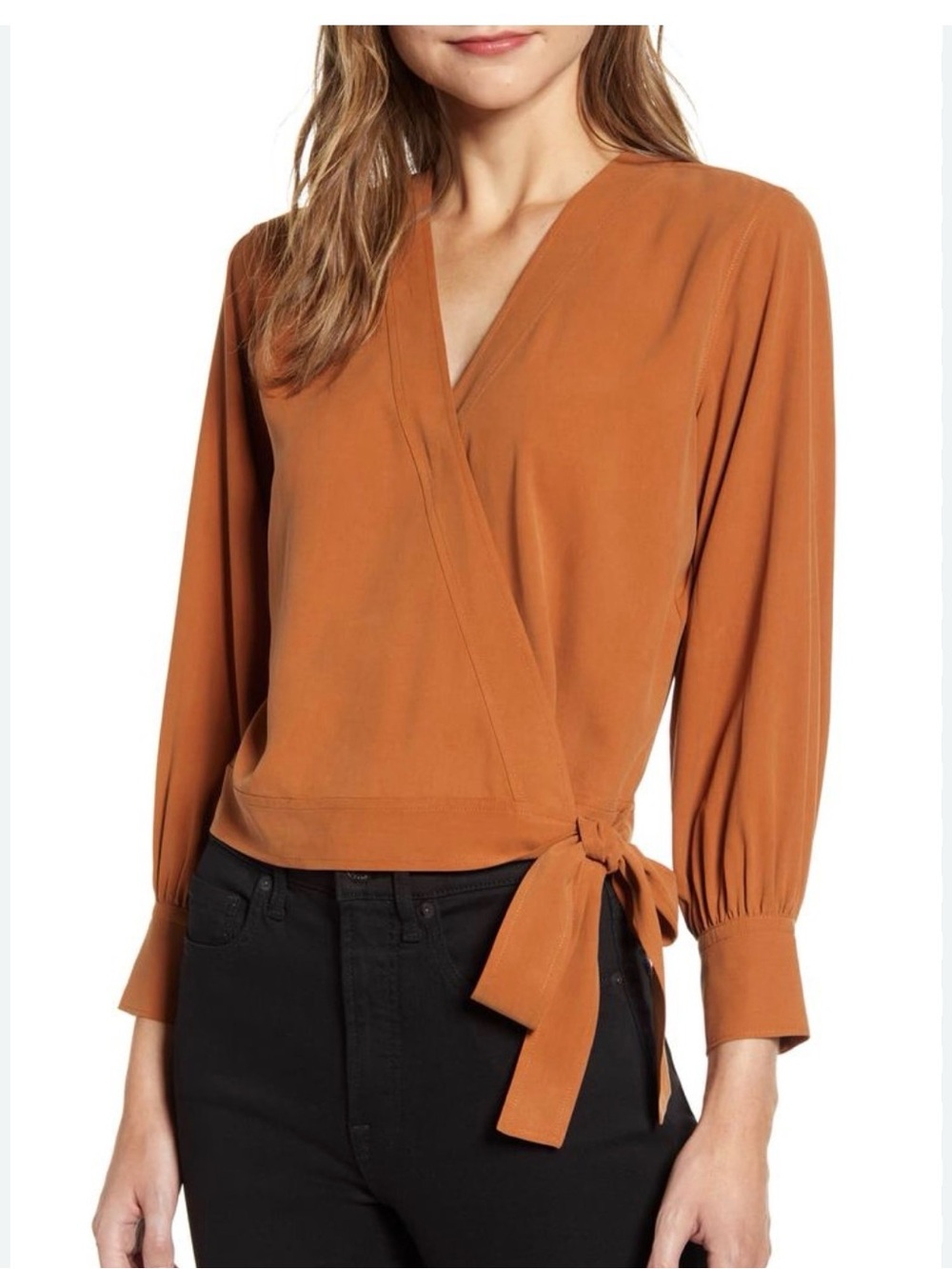 Everlane Wrap Tie Blouse in Rust Orange